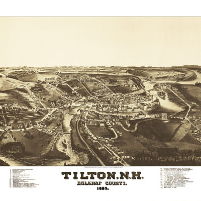 Tilton, nh in 1884 - bird's eye view map, aerial map, panorama map, vintage map, antique map, reproduction, giclée, framable map, fine art