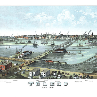 Toledo, ohio in 1876 - bird's eye view map, aerial, panorama map, vintage, antique map, reproduction, giclée, fine art, wall art, history