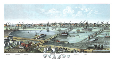 Toledo, Ohio in 1876 - Bird's Eye View Map, Aerial, Panorama map, Vintage, Antique map, Reproduction, Giclée, Fine Art, Wall Art, History