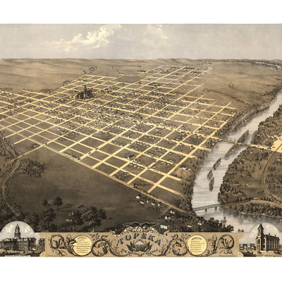 Topeka, kansas in 1869 - bird's eye view map, aerial map, panorama, vintage map, antique map, reproduction, giclée, framable map, fine art