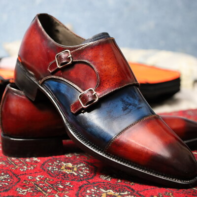 Crafted leather classic handmade bordeaux  and blue  monk strap dress shoes - Thumbnail 4