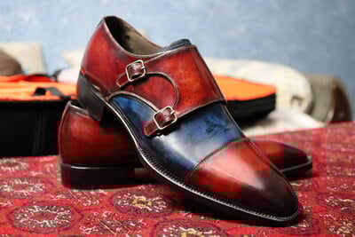 Crafted Leather Classic Handmade Bordeaux  and Blue  Monk Strap Dress Shoes