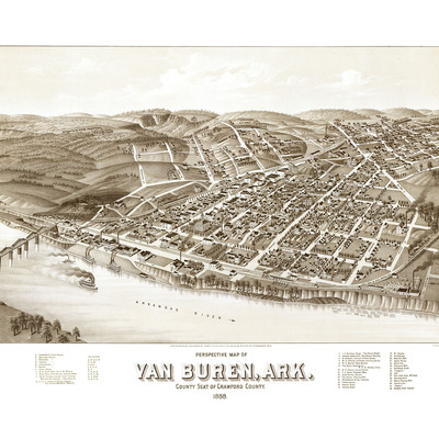 Van buren, arkansas in 1888 - bird's eye view map, aerial map, panorama, vintage map, antique map, reproduction, giclée, wall map, fine art