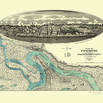 Vicksburg, mississippi in 1863 - bird's eye view map, aerial, panorama, vintage, antique, reproduction, giclée, wall art, civil war history