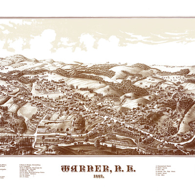 Warner, nh in 1887 - bird's eye view, aerial map, panorama, vintage map, antique map, reproduction, giclée, framable map, fine art