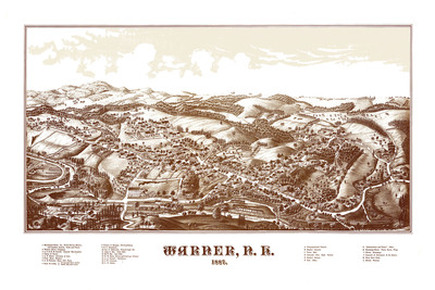 Warner, NH in 1887 - Bird's Eye View, Aerial map, Panorama, Vintage map, Antique map, Reproduction, Giclée, Framable map, Fine Art