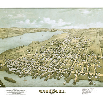 Warren, rhode island in 1877 - bird's eye view, map, aerial, panorama, vintage, antique, fine art, wall art