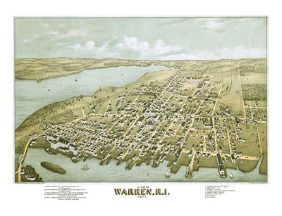 Warren, Rhode Island in 1877 - Bird's Eye View, Map, Aerial, Panorama, Vintage, Antique, Fine Art, Wall art