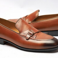 Crafted Leather Classic Brown Monk Strap Loafers Dress Shoes  - Thumbnail 1