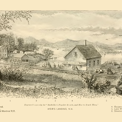 Weir's landing, nh in 1874 - bird's eye view map, aerial, panorama, vintage, antique, reproduction, giclée, framable, fine art