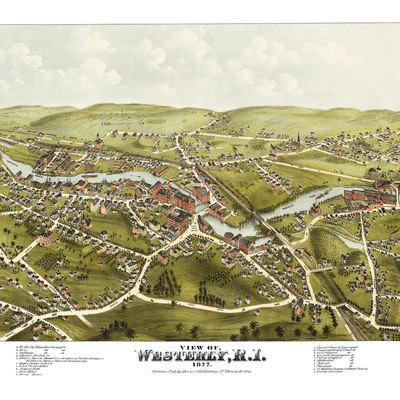 Westerly, rhode island in 1877 - bird's eye view, map, aerial, panorama, vintage, antique, fine art, wall art, history