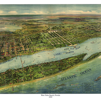 West palm beach, fl in 1915 - bird's eye view map, aerial, panorama, vintage, antique, reproduction, giclée, framable, fine art, wall art