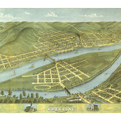 Wheeling, west virginia in 1870 - bird's eye view, map, aerial, panorama, vintage, antique, reproduction, giclée, fine art, wall art