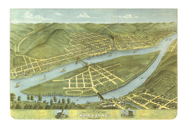Wheeling, West Virginia in 1870 - Bird's Eye View, Map, Aerial, Panorama, Vintage, Antique, Reproduction, Giclée, Fine Art, Wall Art