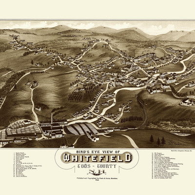 Whitefield, nh in 1883 - bird's eye map, aerial map, panorama map, vintage map, antique map, reproduction, giclée, framable map, fine art