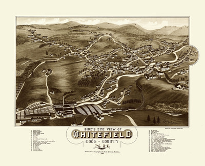 Whitefield, NH in 1883 - Bird's Eye Map, Aerial map, Panorama map, Vintage map, Antique map, Reproduction, Giclée, Framable map, Fine Art