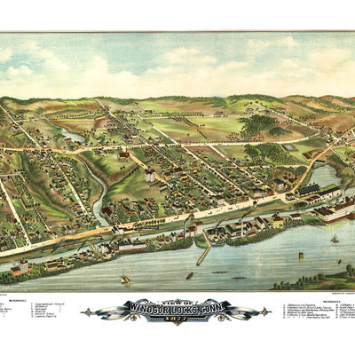 Windsor locks, ct in 1877 - bird's eye view, aerial map, panorama, vintage map, antique map, giclée, framable map, fine art, wall art