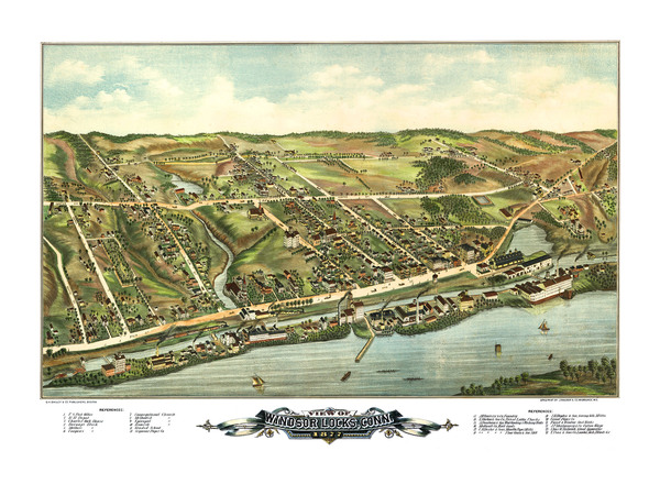 Windsor Locks, CT in 1877 - Bird's Eye View, Aerial map, Panorama, Vintage map, Antique map, Giclée, Framable map, Fine Art, Wall art