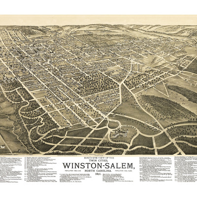 Winston-salem, north carolina in 1891 - bird's eye view, aerial, panorama, vintage, antique, giclée, framable, fine art, wall art, history