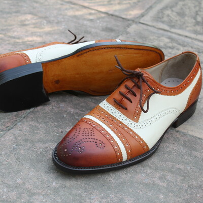 Crafted leather custom made men brown beige oxford lace up dress formal shoes - Thumbnail 5