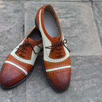 Crafted Leather Custom Made Men Brown Beige Oxford Lace up Dress Formal Shoes - Thumbnail 1