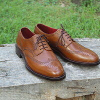 Crafted Leather Classic Brown Leather Wingtip Oxford Lace up Dress Shoes - Thumbnail 1