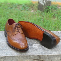 Crafted Leather Classic Brown Leather Wingtip Oxford Lace up Dress Shoes - Thumbnail 3