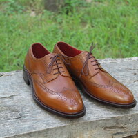 Crafted Leather Classic Brown Leather Wingtip Oxford Lace up Dress Shoes - Thumbnail 5