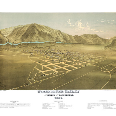 Wood river valley with hailey, id in the foreground from 1884 - bird's eye view, aerial, vintage map, antique, giclée, fine art, wall art