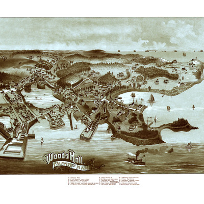 Woods hole, falmouth, massachusetts in 1887 - bird's eye view, aerial map, panorama, vintage map, antique map, giclée, fine art, wall art