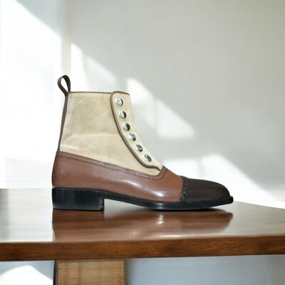 Ankle High Brown Button Boots, Handmade Leather Suede Boots
