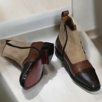 Ankle High Brown Button Boots, Handmade Leather Suede Boots - Thumbnail 3