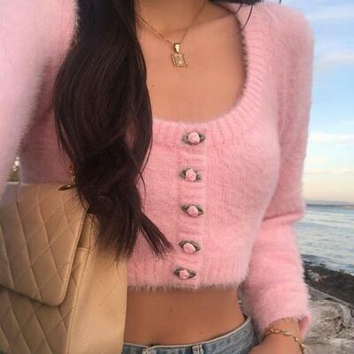 Pink rose button furry cropped knit sweater cardigan - Thumbnail 1