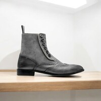 Ankle High Grey Suede Button Boots - Thumbnail 1