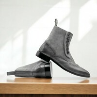 Ankle High Grey Suede Button Boots - Thumbnail 2