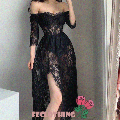 See-through lace square neck nine-quarter sleeve sexy split slim dress - Thumbnail 4