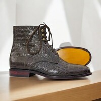 Black Alligator Textured Lace Up Leather Boots. - Thumbnail 1