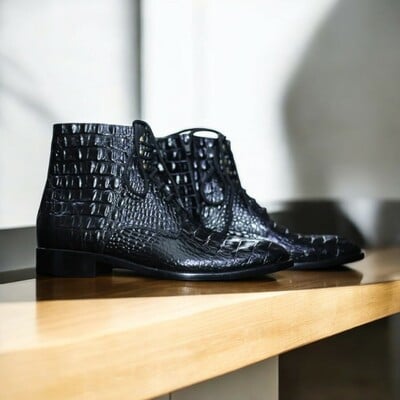 Black Alligator Textured Lace Up Leather Boots.