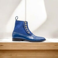 Blue Men's Leather Suede Button Boot - Thumbnail 1