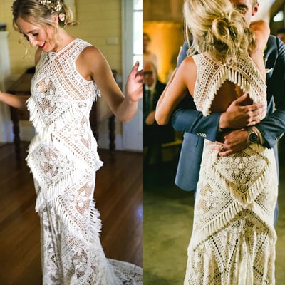 Boho wedding dresses beach bridal gown lace sleeveless - Thumbnail 1