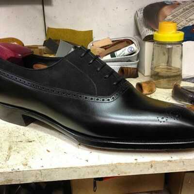 Simple and unique handmade black leather suede lace up men's shoes 