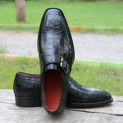 Crafted leather classic black crocodile/alligator single monk strap loafers shoes - Thumbnail 3