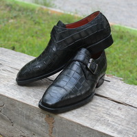 Crafted Leather Classic Black Crocodile/Alligator Single Monk Strap Loafers Shoes - Thumbnail 6