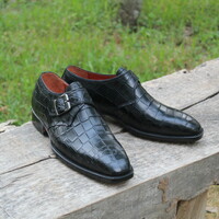 Crafted Leather Classic Black Crocodile/Alligator Single Monk Strap Loafers Shoes - Thumbnail 2