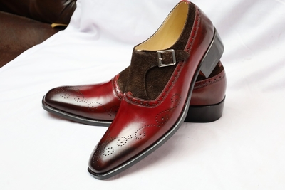 Crafted Leather Classic Brown Suede Burgundy Patina Monk Strap Loafers Dress Shoes