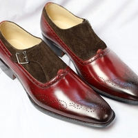 Crafted Leather Classic Brown Suede Burgundy Patina Monk Strap Loafers Dress Shoes - Thumbnail 1