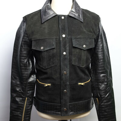 Crafted leather handmade classic brown suede crocodile/alligator leather motorcycle jacket