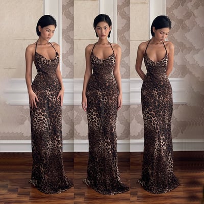 Leopard printed strappy backless long bodycon party dress