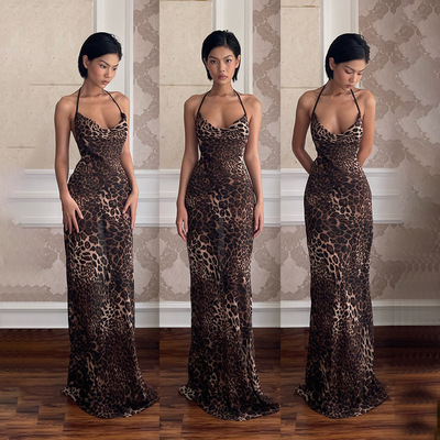 Leopard Printed Strappy Backless Long Bodycon Party Dress