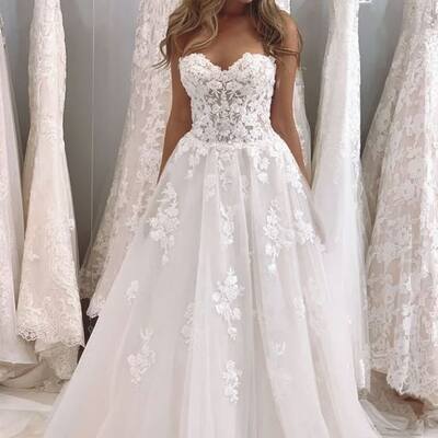 Elegant a line off the shoulder lace appliques sleeveless wedding dress bridal gown - Thumbnail 2